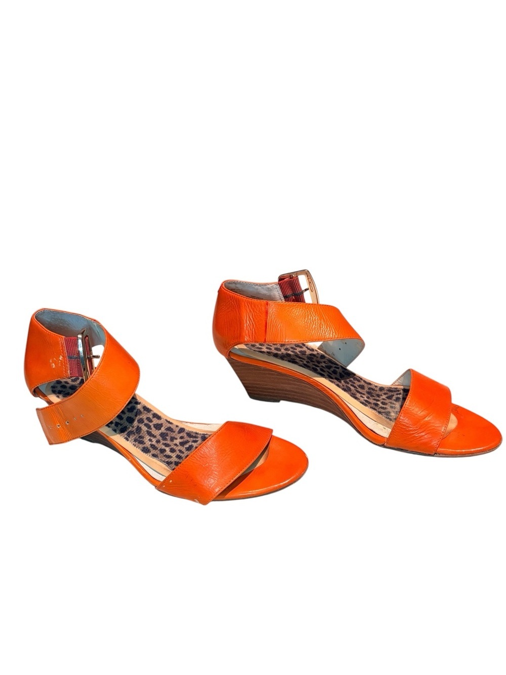 Nine West Orange Leather Wedge Sandals with Leopard Insole